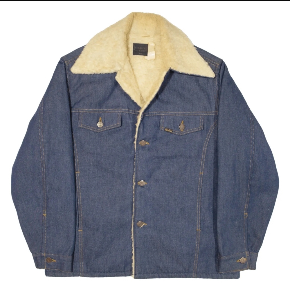 VTG XL 1970s Trucker Coat FauxFur Lining Blue Denim SearsRoebuck Brass 48R